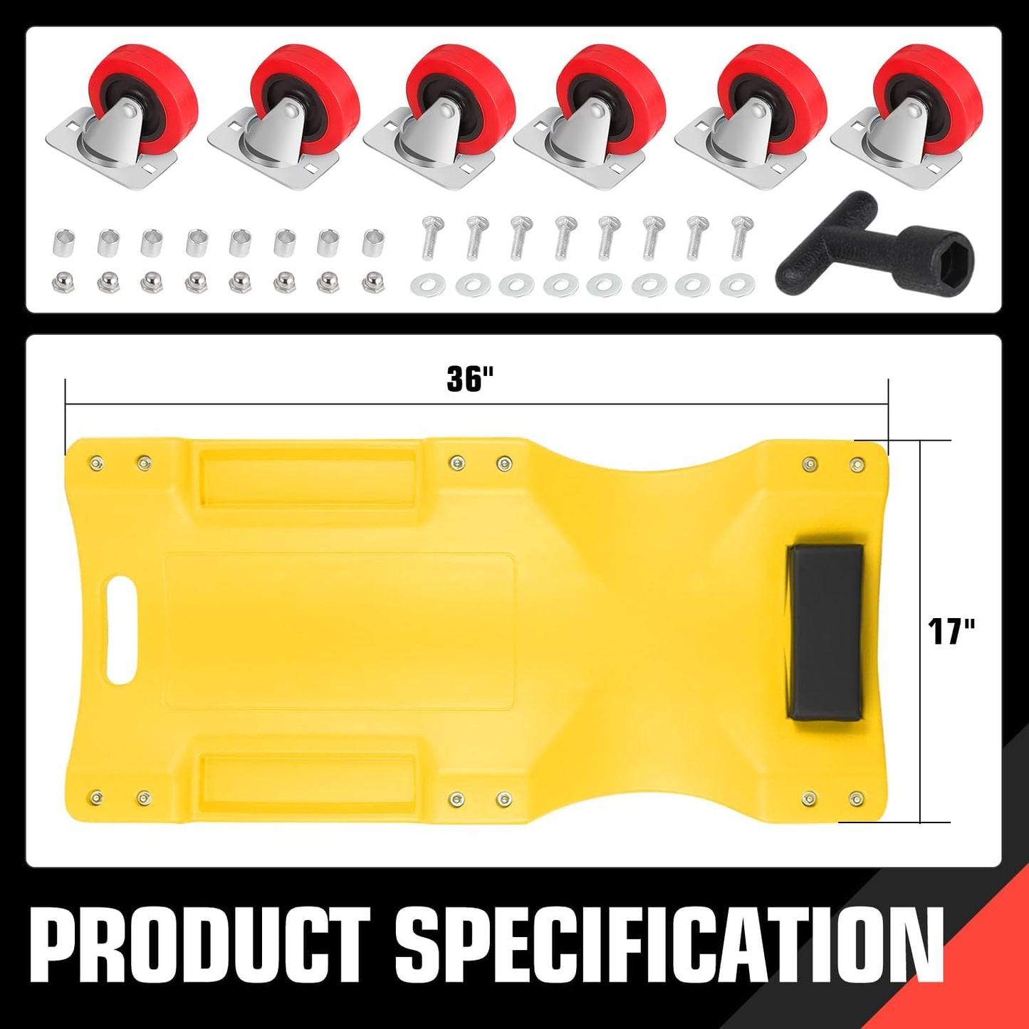 DNA MOTORING 36" L X 17" W x 4.25" H Vehicle Repair Low Profile Automotive Creeper w/Padded Headrest, Yellow, TOOLS-00201-YL