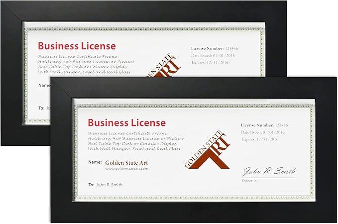 Golden State Art, Wood Frame for 4x9 Business License Certificate with Real Glass & Table-Top Display, Black, 2 Pack