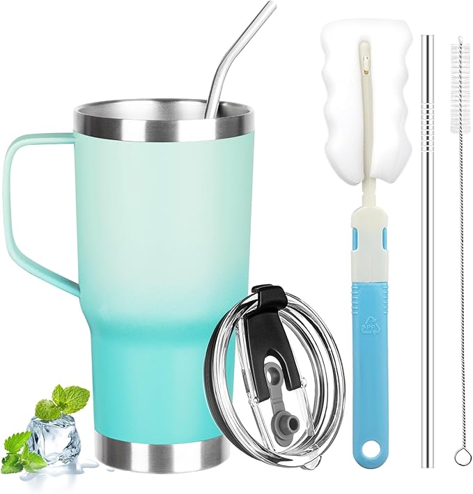 20 oz Tumbler with Handle, Stainless Steel Insulated Tumbler with Lid and Straw, Double Wall Vacuum Insulated Coffee Mug Tumbler, Insulated Coffee Thermal Cup for Cold and Hot(Mint Light Green)