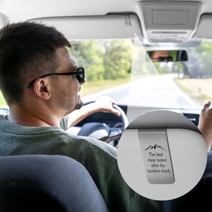 XQLZY The Best View Comes After The Hardest Climb Engraved Stainless Steel Car Visor Clip, Funny Safe Driving Reminder Clip Gifts for Climbing Lovers Men Family Friend Driver, New Driver Gifts