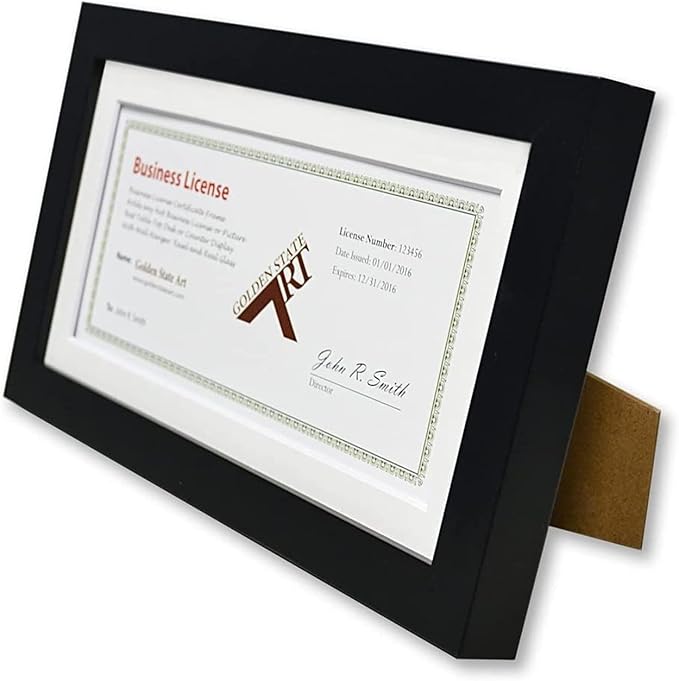 Golden State Art, 5x10 Wood Frame for 4x9 Business License Certificate with White Mat & Table-top Display, Black