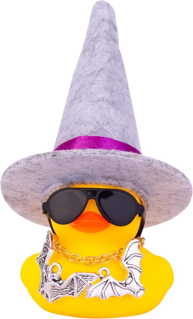 Car Rubber Duck Ornaments Halloween Duck Car Dashboard Decorations with Mini Witch Hat Sunglasses Necklace Halloween Accessories for Halloween Themed Gifts(W7-Light Gray&Purple Ribbon)