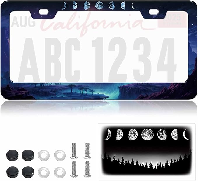 1pcs Moon Phase License Plate Frame for Women, Mysterious Planet car tag Frames Girly for Vehicle with Non Adhesive Electrostatic Sticker