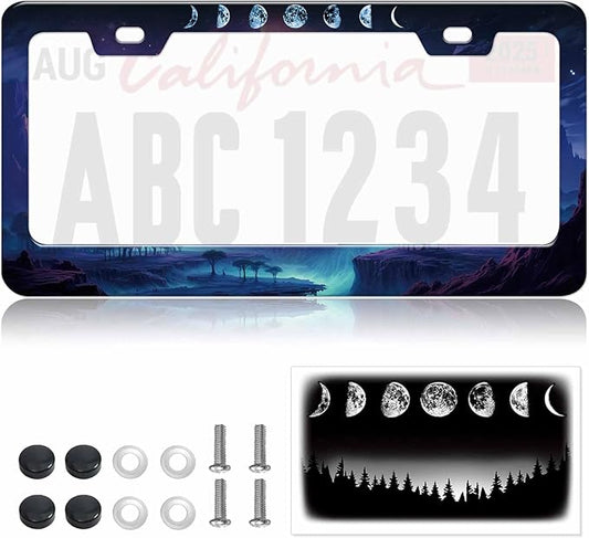 1pcs Moon Phase License Plate Frame for Women, Mysterious Planet car tag Frames Girly for Vehicle with Non Adhesive Electrostatic Sticker