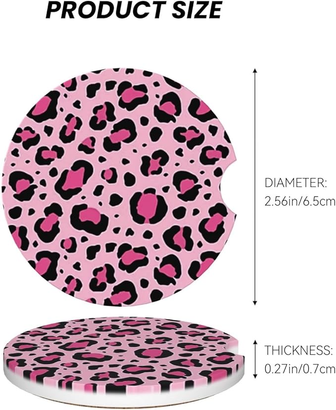 ABLESKY Car Coasters for Cup Holders, 2 Pack Absorbent Anti Slip Car Cup Holder Coasters, 2.56 Inch Ceramic Universal Size Auto Interior Accessories Women Men-Pink Leopard Spots