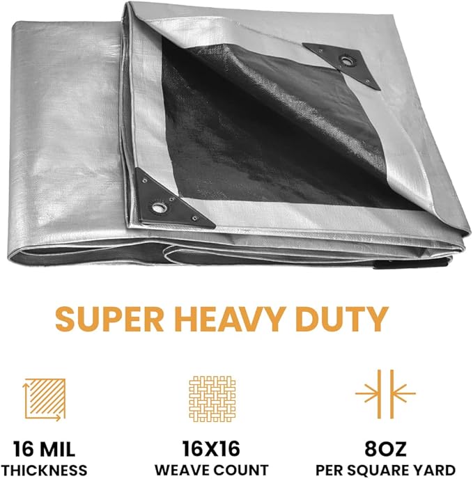 WHITEDUCK Super Heavy Duty Poly Tarp Cover 16 Mil & 10 Mil with Grommets and Reinforced Edges (Brown, White & Silver Black) (Silver Black- 16 Mil, 16' x 20')