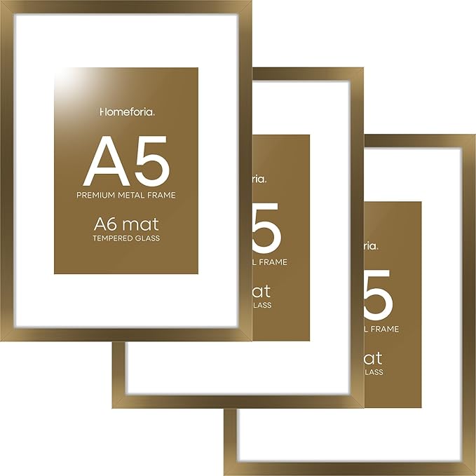 Homeforia A5 Picture Frame Bronze, High End Metal 5.8 x 8.3 Frame Matted to 4.1 x 5.8 Photo, A5 Frame with Mat A6 Art, 5.8x8.3 Poster Frames, 8.3x5.8 Display Frames, Tempered Glass, Wall Kit, Set of 3