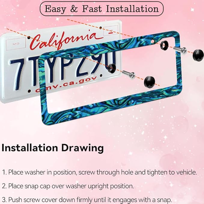 2pcs Faux Abalone License Plate Frame for Women, car Decorative tag Frames Girly, Faux Abalone License Plate Cover Holder for Vehicle with Double Sided car Keychain tag