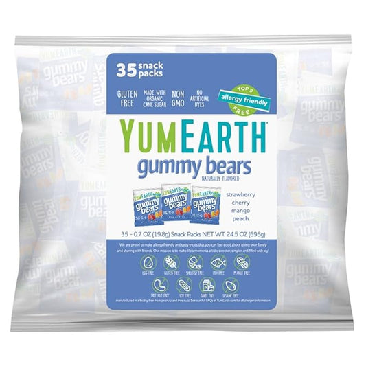 YumEarth Organic Gummy Bears - Fruity Gummy Candy Snack Packs, Gluten Free Snacks for Kids - Allergy Friendly, Non-GMO, No Artificial Flavors or Dyes - Assorted Flavors, 0.7 oz. (Pack of 35)