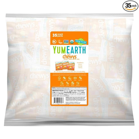 YumEarth Organic Chewys Fruit Flavored Candy Chews - Allergy Friendly, Gluten Free, Non-GMO, Vegan, No Artificial Flavors or Dyes - Assorted Flavors 35ct Bulk Bag