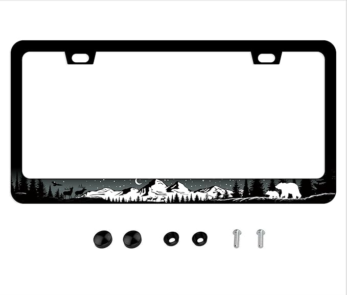 Bear Moose License Plate Frame - Forest Wildlife Car Tag Frames Wild Animal Auto Plates Tags Mountains Night Trees Printed 2 Holes with Screws for Women Men