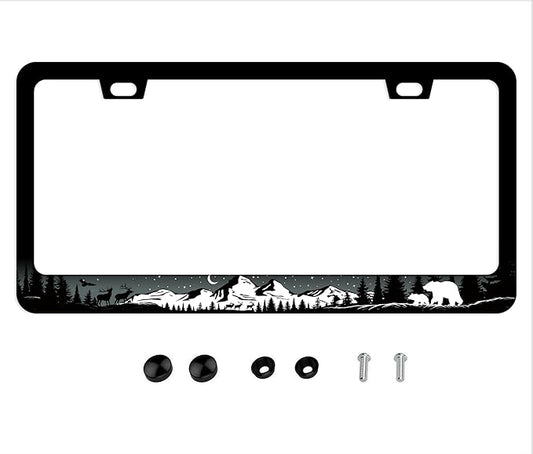 Bear Moose License Plate Frame - Forest Wildlife Car Tag Frames Wild Animal Auto Plates Tags Mountains Night Trees Printed 2 Holes with Screws for Women Men