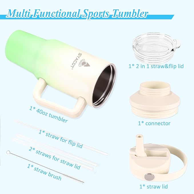 40 oz Tumbler with Handle and Straw or Convert to 40 oz Insulated Water Bottle Fits in Cup Holder. Stainless Steel Metal Water Flask with 2 Lids for Travel,Camping,Gym Sports Coffee Mug Thermal Cup