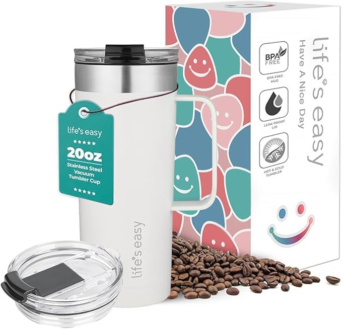 Life's Easy 20oz Stainless Steel Mug w/Handle - Double Wall Insulated Travel Tumbler w/Flip Lid - Leak Proof Tumbler-Thermal Cup for Coffee, Tea & More - Keep Hot & Cold Drinks (White, 20 oz)