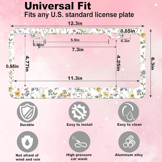 1pcs Wild Flowers Floral License Plate Frame for Women,White Nature Plant car Decorative tag Frames Girly,White Floral License Plate Cover Holder for Vehicle with Double Sided car Keychain tag