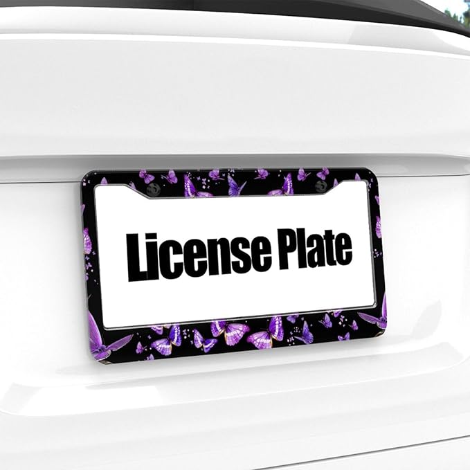 Purple Butterfly License Plate Frame - 1 Pack Personalized Aluminum Car License Plate Cover Butterfly License Plate Holder Universal US-Canada 2 Hole Auto Car Tag for Women/Men