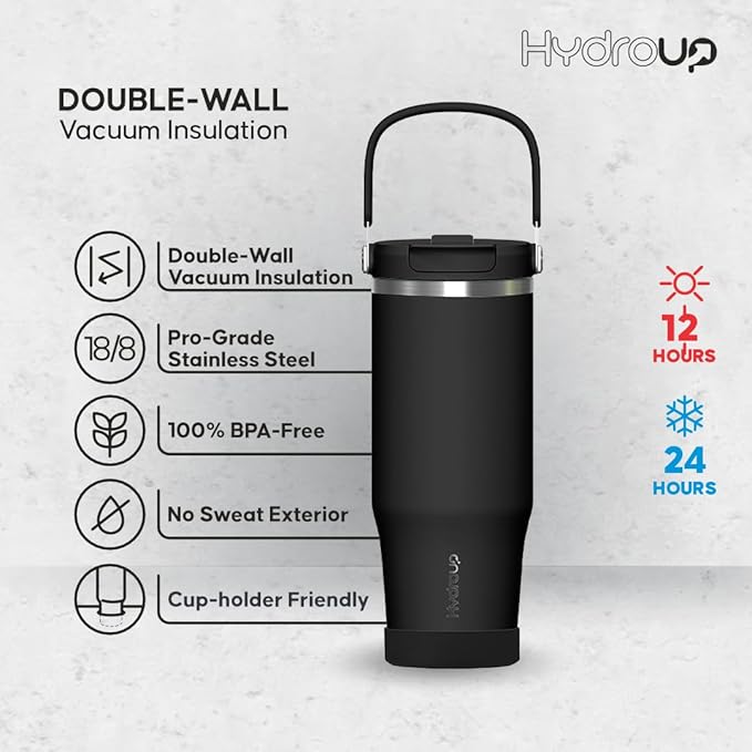 Sport Tumbler 32oz Stainless Steel Water Bottle, Vacuum Insulated with 2-in-1 Lid (Straw & Spout), Leak-Proof Reusable Travel Mug for Hot and Cold Drinks
