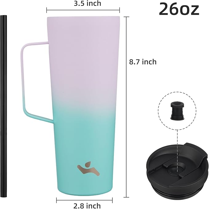 Insulated Tumbler with Handle and Straw, 26 OZ Travel Coffee Mug Stainless Steel Cup Metal Water Bottle,Lavender Green