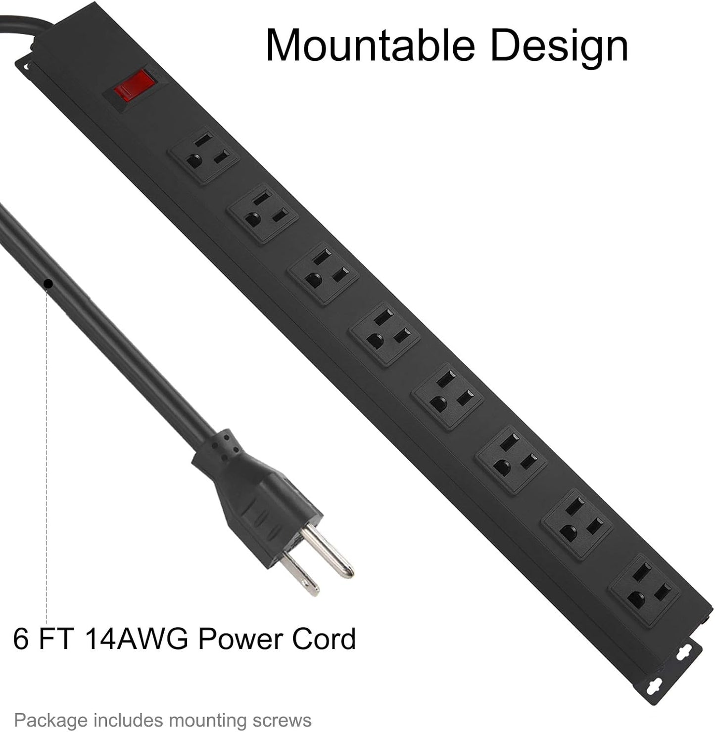 4Pack Metal 8 Outlet Mountable Power Strip, Wall Mount Outlet Heavy Duty, Wide Spaced Commercial Shop Power Strip with Switch, 6 FT Power Cord.