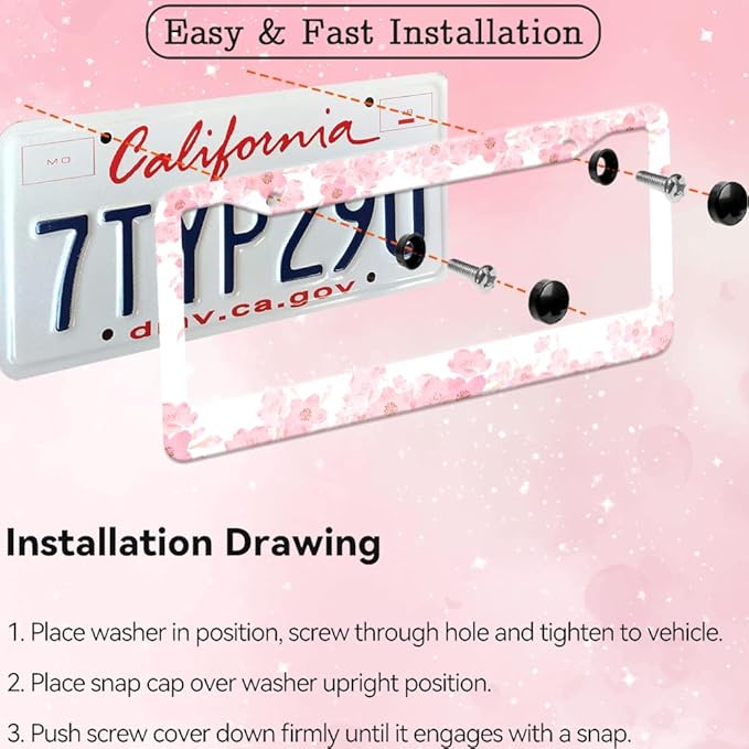 2pcs Pink Cherry Blossom Floral License Plate Frame for Women,Pink Sakura car Decorative tag Frames Girly,Japanese Cherry Blossom Flower License Plate Cover Holder for Vehicle with car Keychain tag
