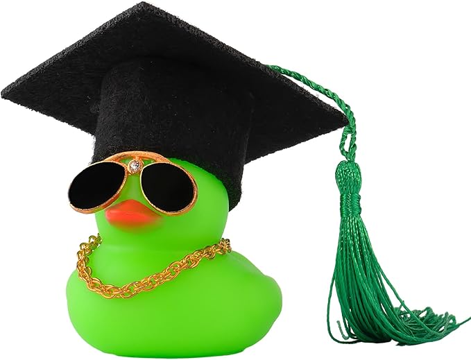 wonuu Car Dashboard Decor Graduation Hat Color Rubber Duck, Car Ducks Ornaments with Mini Graduation Hat Necklace Sunglasses (Green)