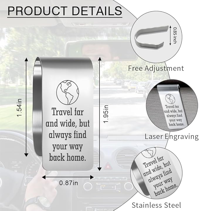 Travel Far and Wide But Always Find Your Way Back Home Engraved Stainless Steel Car Visor Clip, Inspirational Safe Driving Gifts for Family Friend Driver, Travel Visor Car Accessories