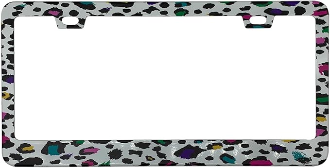 Colorful Leopard Print Cheetah Spots License Plate Frame Cover, Matte White Powder Coated Stainless Steel, Animal Print Auto Car Tag Frame with 2 Holes & Free Screws