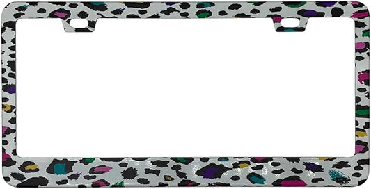 Colorful Leopard Print Cheetah Spots License Plate Frame Cover, Matte White Powder Coated Stainless Steel, Animal Print Auto Car Tag Frame with 2 Holes & Free Screws