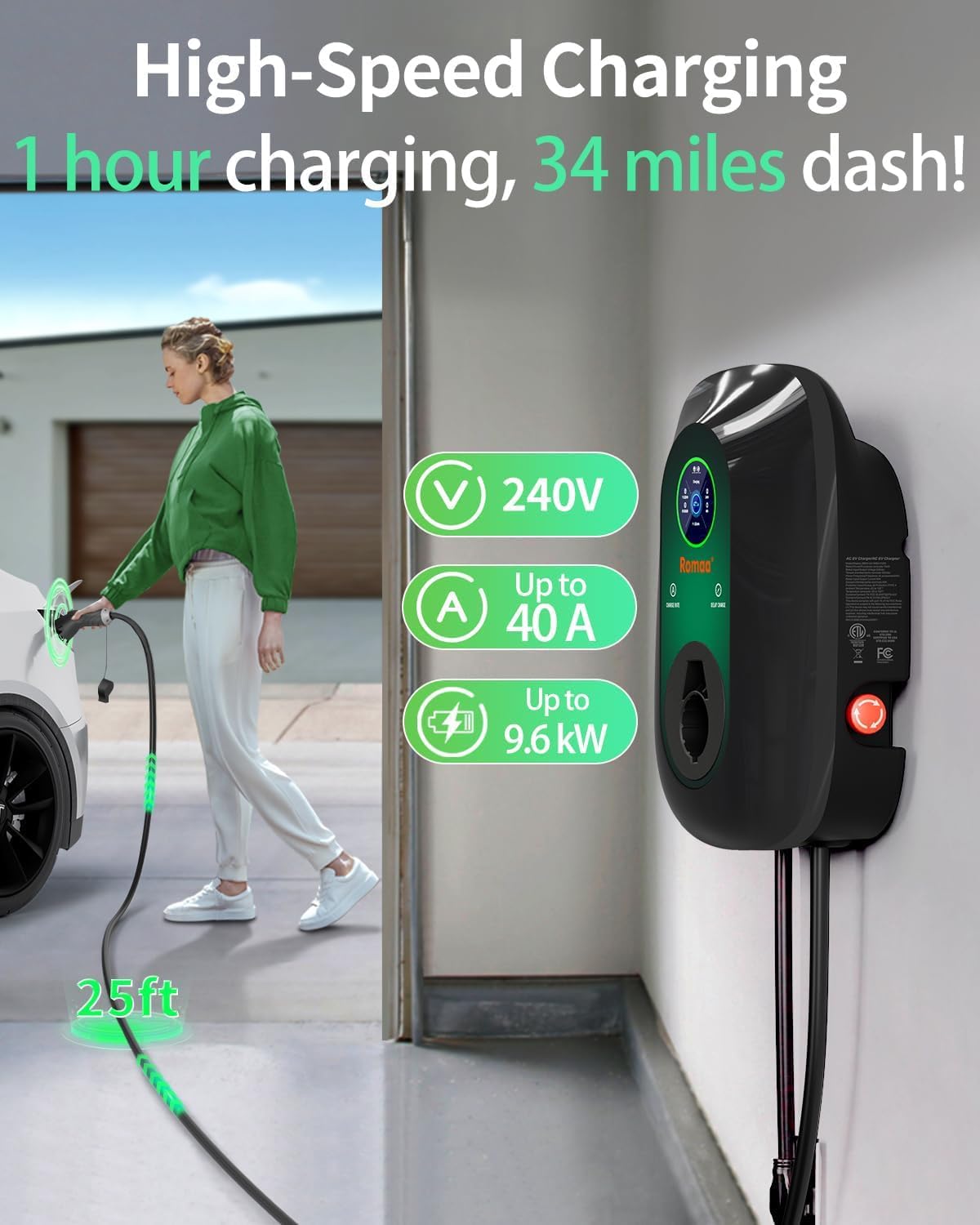 Level 2 EV Charger 40Amp, 240V Electric Vehicle Charging Stations, NEMA 14-50 EVSE J1772 Connector, Smart WiFi Control, 25' Cord Electric Car Charger for Home, ETL FCC