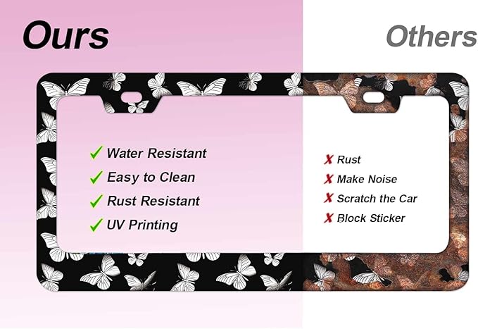 2pcs Monochrome Butterfly Mountain License Plate Frame for Women, Black White Butterflies Car Tag Frames Girly for Vehicle with Non Adhesive Electrostatic Sticker