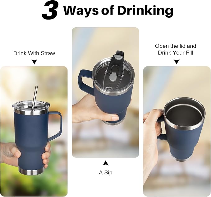 20 oz Tumbler with Handle, Stainless Steel Insulated Tumbler with Lid and Straw, Double Wall Vacuum Insulated Coffee Mug Tumbler, Insulated Coffee Thermal Cup for Cold and Hot (Navy Blue)