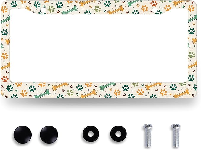 Dog Paw License Plate Frame Animals Paws and Bone License Plate Holder Dogs Funny Auto Parts Stainless Steel Universal Cars Decoration for Men Women 12.2" x 6.2"