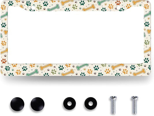 Dog Paw License Plate Frame Animals Paws and Bone License Plate Holder Dogs Funny Auto Parts Stainless Steel Universal Cars Decoration for Men Women 12.2" x 6.2"