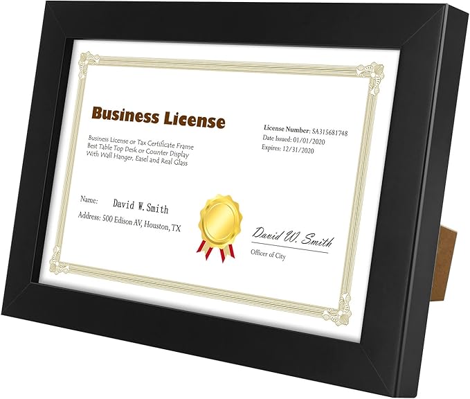 Golden State Art, 8.5 x 5.5 Business License Frame, Black Solid Wood with Tempered Glass, Wall and Table-top Display, Easel Back, 10 Pack