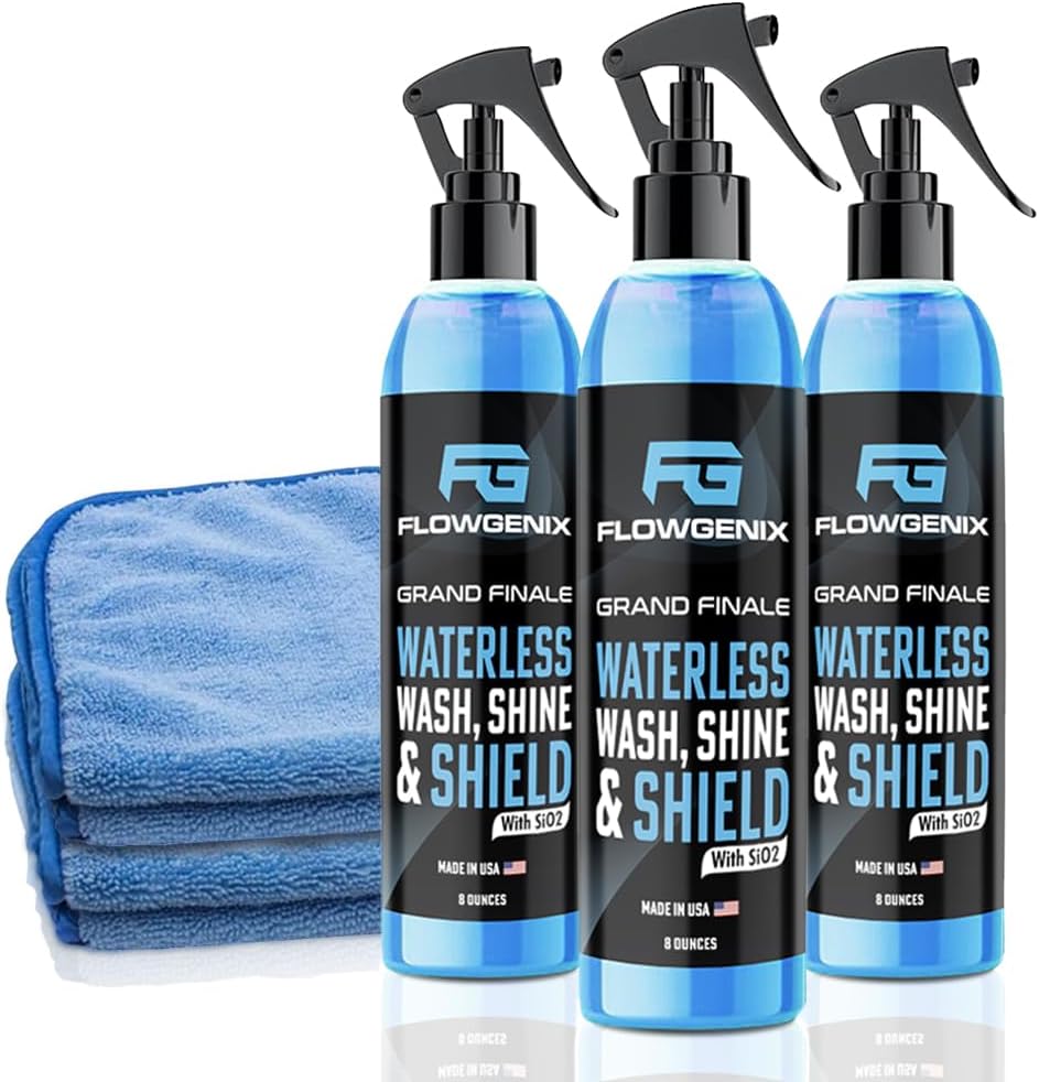 Flowgenix™ Waterless Car Wash Spray - Grand Finale - Motorcycle Cleaner & Car Wax Spray Polish (8 oz) - Ceramic Coating - Incl. 2 Microfiber Towels - Quick Detailer Spray (3-Pack)