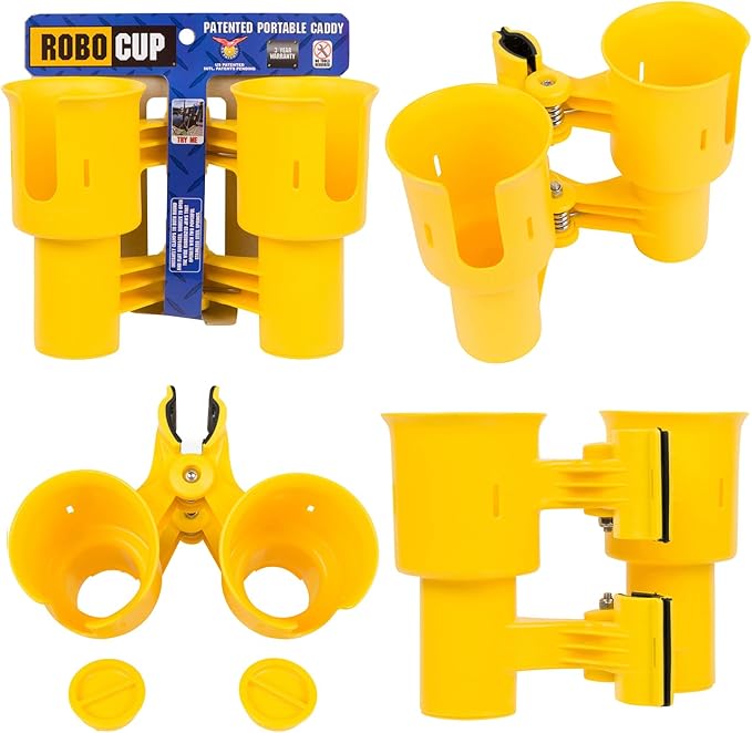 ROBOCUP, Patented Boat Cup Holder, Clamp on Portable Storage Caddy Securely Holds 2 Drinks, Fishing Poles, Tools, Marine Gear | Perfect for Boating, Beach Umbrellas, Golf Carts