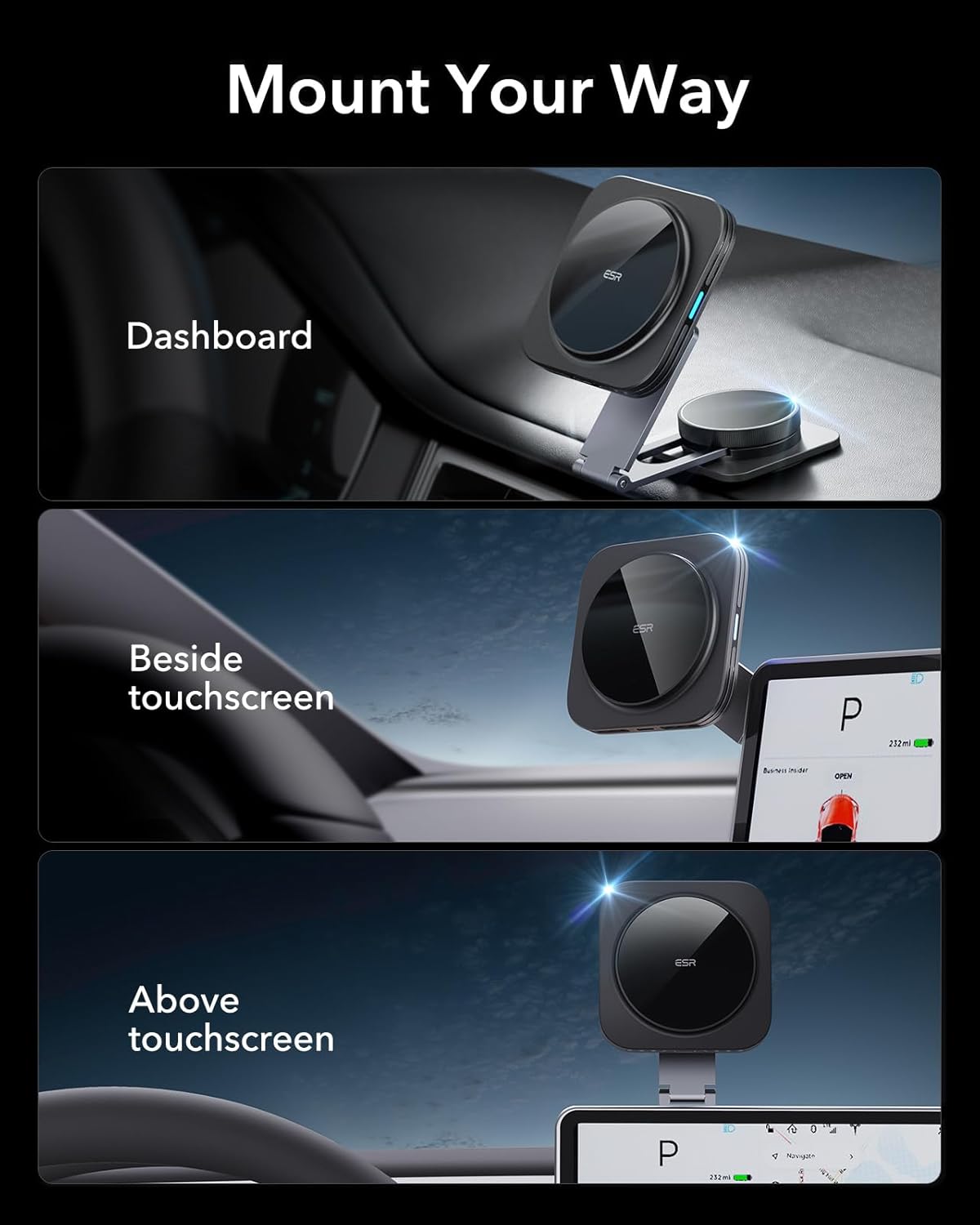 ESR for MagSafe Car Mount Charger, Foldable Dashboard Magnetic Wireless Car Charger for Tesla, for MagSafe Charging, Tesla Touchscreen Car Phone Holder for iPhone 16/15/14/13/12, S25,Strong Magnets