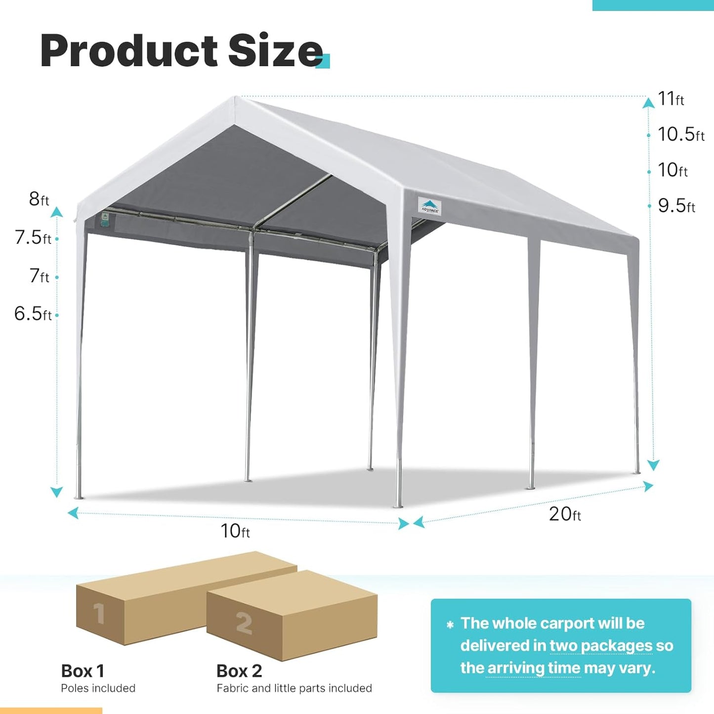 ADVANCE OUTDOOR Adjustable 10x20 ft Heavy Duty Carport Car Canopy Garage Boat Shelter Party Tent, Adjustable Height from 9.5 ft to 11 ft, Gray