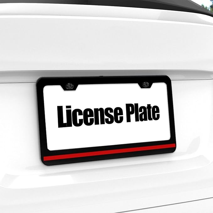 Thin Red Line License Plate Frame - 1 Pack Personalized Firefighters License Plate Holder Aluminum Metal Black Red Line Car Tag Cover with 2 Holes Decoration for US Vehicles Standard Women Men
