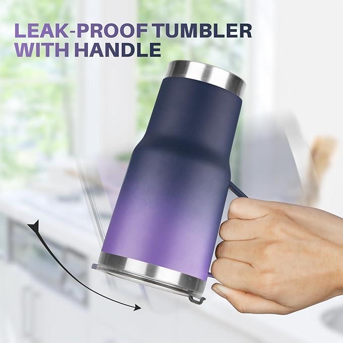 20 oz Tumbler with Handle, Stainless Steel Insulated Tumbler with Lid and Straw, Double Wall Vacuum Insulated Coffee Mug Tumbler,Insulated Coffee Thermal Cup for Cold and Hot(Purple Navy blue)