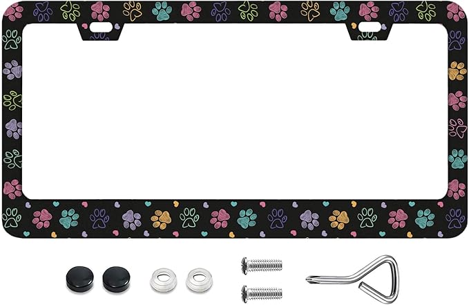 Colorful Doodle Paw Print Black Background License Plate Frames Rust-Proof Stainless Steel Screws Fasteners Included Personalized Cover for Women and Men 12.3x6.3 Inch License Plate Holder -DATANSEN