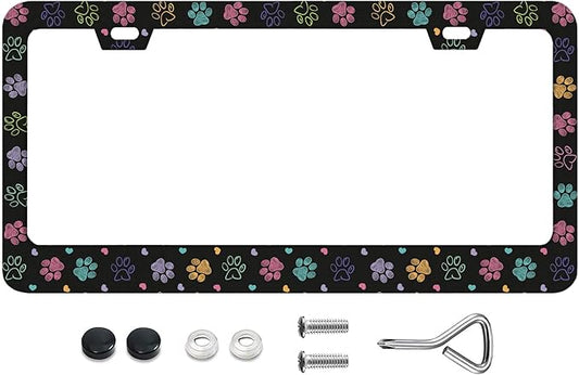 Colorful Doodle Paw Print Black Background License Plate Frames Rust-Proof Stainless Steel Screws Fasteners Included Personalized Cover for Women and Men 12.3x6.3 Inch License Plate Holder -DATANSEN