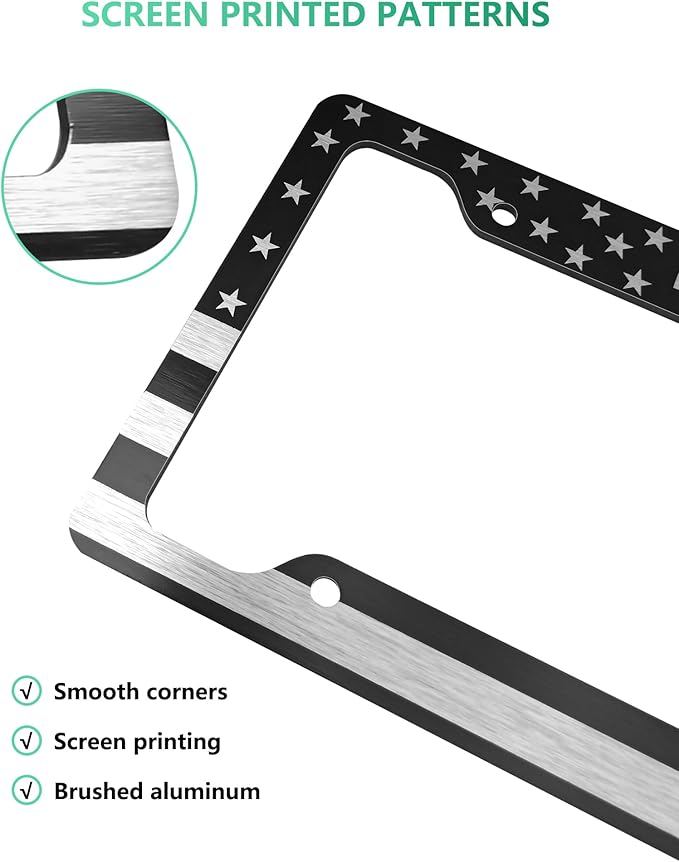 American Flag License Plate Frame- Black Front Rear Patriotic USA ‌Car Tag Frames, 2 Pack Heavy Duty Brushed Aluminum Plastic Composite Holder with Screws Caps