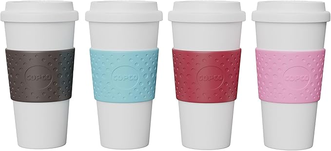 Copco Acadia Travel Mug (4-Pack), 16oz Insulated Coffee Mug with Double-Walled Plastic, Leak-Proof Lid - Microwave & Dishwasher Safe, Non-Slip Sleeve, Hot & Cold Drinks - Bright Colors