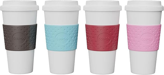 Copco Acadia Travel Mug (4-Pack), 16oz Insulated Coffee Mug with Double-Walled Plastic, Leak-Proof Lid - Microwave & Dishwasher Safe, Non-Slip Sleeve, Hot & Cold Drinks - Bright Colors