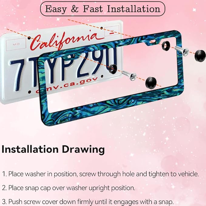 2pcs Faux Abalone License Plate Frame for Women, car Decorative tag Frames Girly, Faux Abalone License Plate Cover Holder for Vehicle with Double Sided car Keychain tag