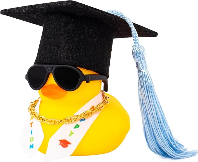 wonuu Graduation Stole Rubber Ducks, Dashboard Decorations Duck for Car Ornament Accessories with Hat Sunglasses Sash Chain (Light Blue)