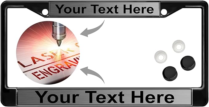 Custom Personalized Black Powder-Coated Metal Laser Engraved Standard Size - Car/Automobile License Plate Frame with Free caps - Steel/Black Text (Qty: 1 Frame)