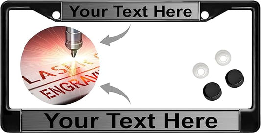 Custom Personalized Black Powder-Coated Metal Laser Engraved Standard Size - Car/Automobile License Plate Frame with Free caps - Steel/Black Text (Qty: 1 Frame)