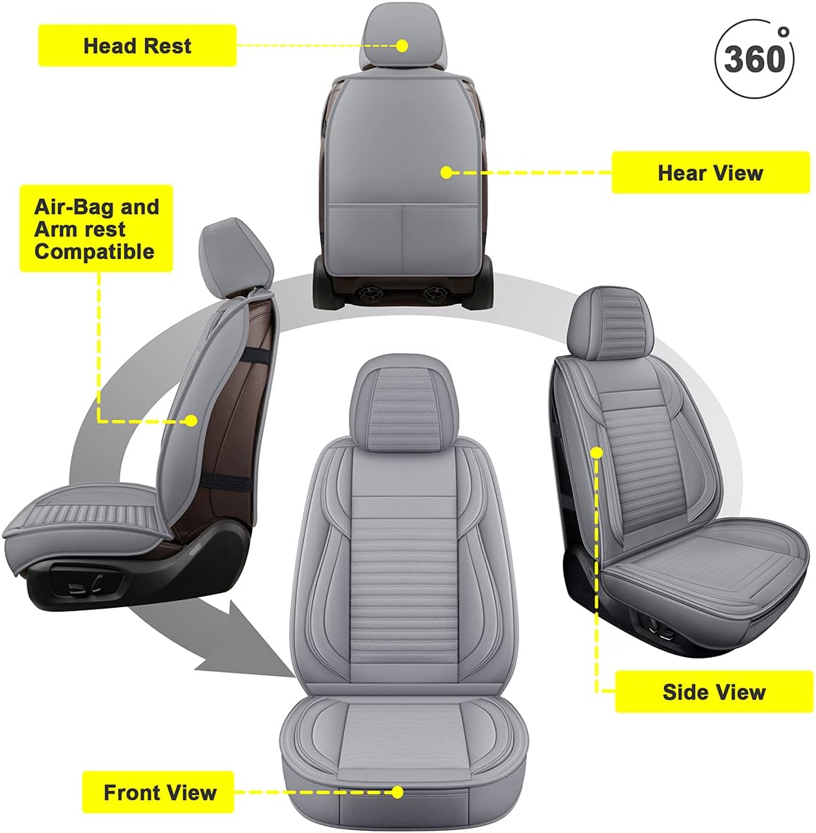 LINGVIDO Car Seat Covers, Breathable and Waterproof Faux Leather Automotive Seat Covers for Cars SUV Pick-up Truck Sedan,Universal Anti-Slip Driver Seat Cover with Backrest (Full Seat, Gray)